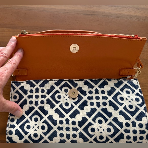 Spartina 449 Orange and Blue Women's Clutch Bag. Linen and Leather. 11” x 5”. - Picture 5 of 9